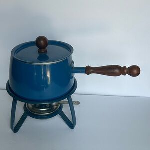 MCM Blue Enamel Fondue Pot with Wooden Handle